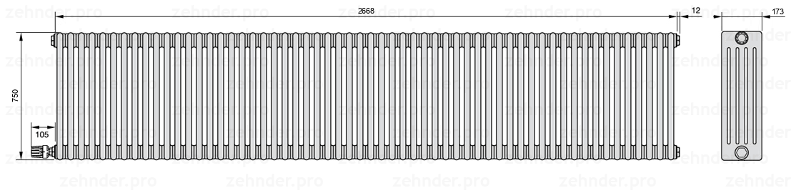 Схема (чертеж) Радиатор Zehnder Charleston 5075/58 №V003 Белый глянцевый RAL 9016